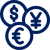 Icon featuring currency illustrations (Dollar, Yen, Euro)