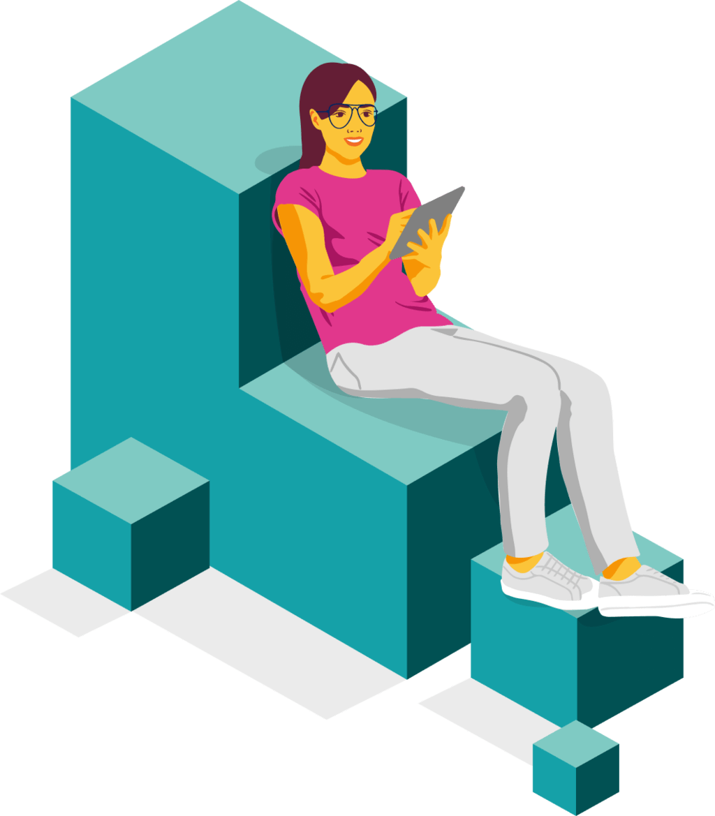Stylized illustration depicting a woman working on a tablet