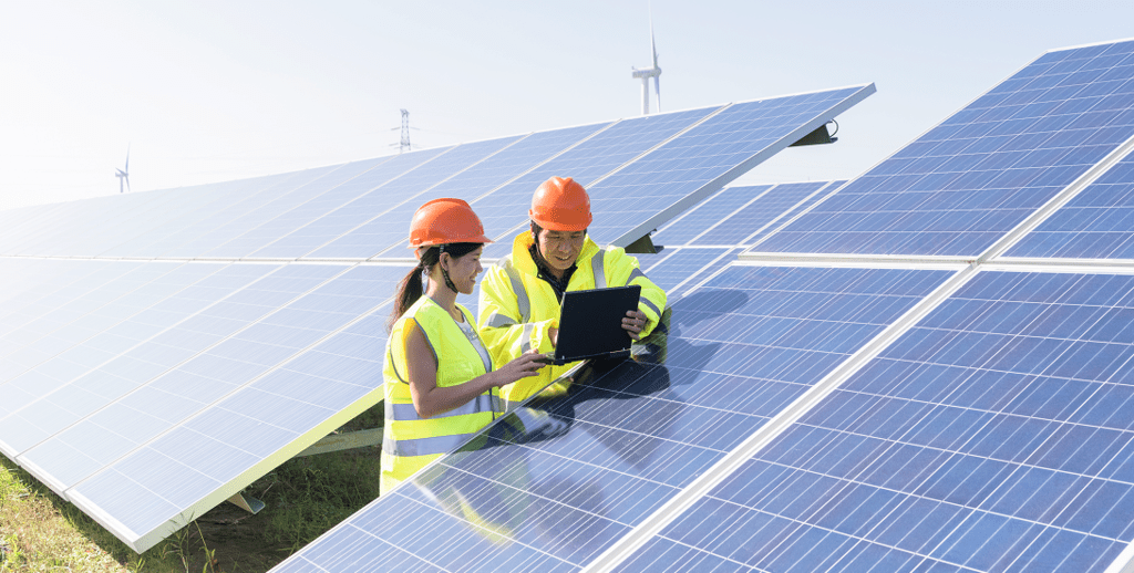 solar farm with two people collaborating between panels