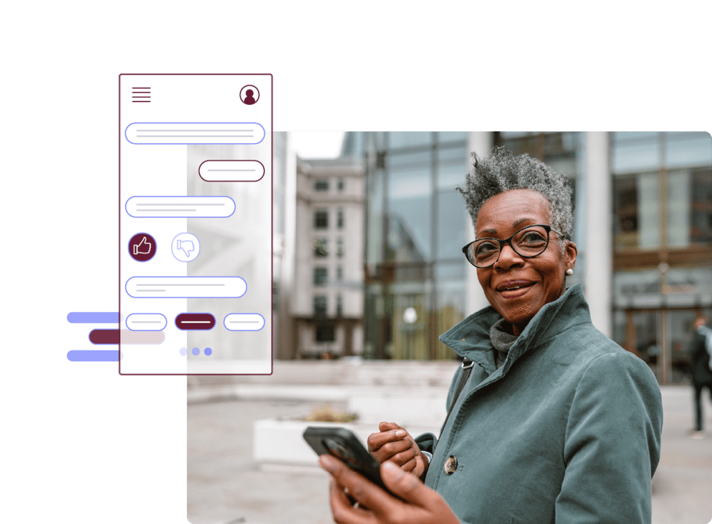 Stylized stock image showing an insurance customer speaking going through a mobile experience