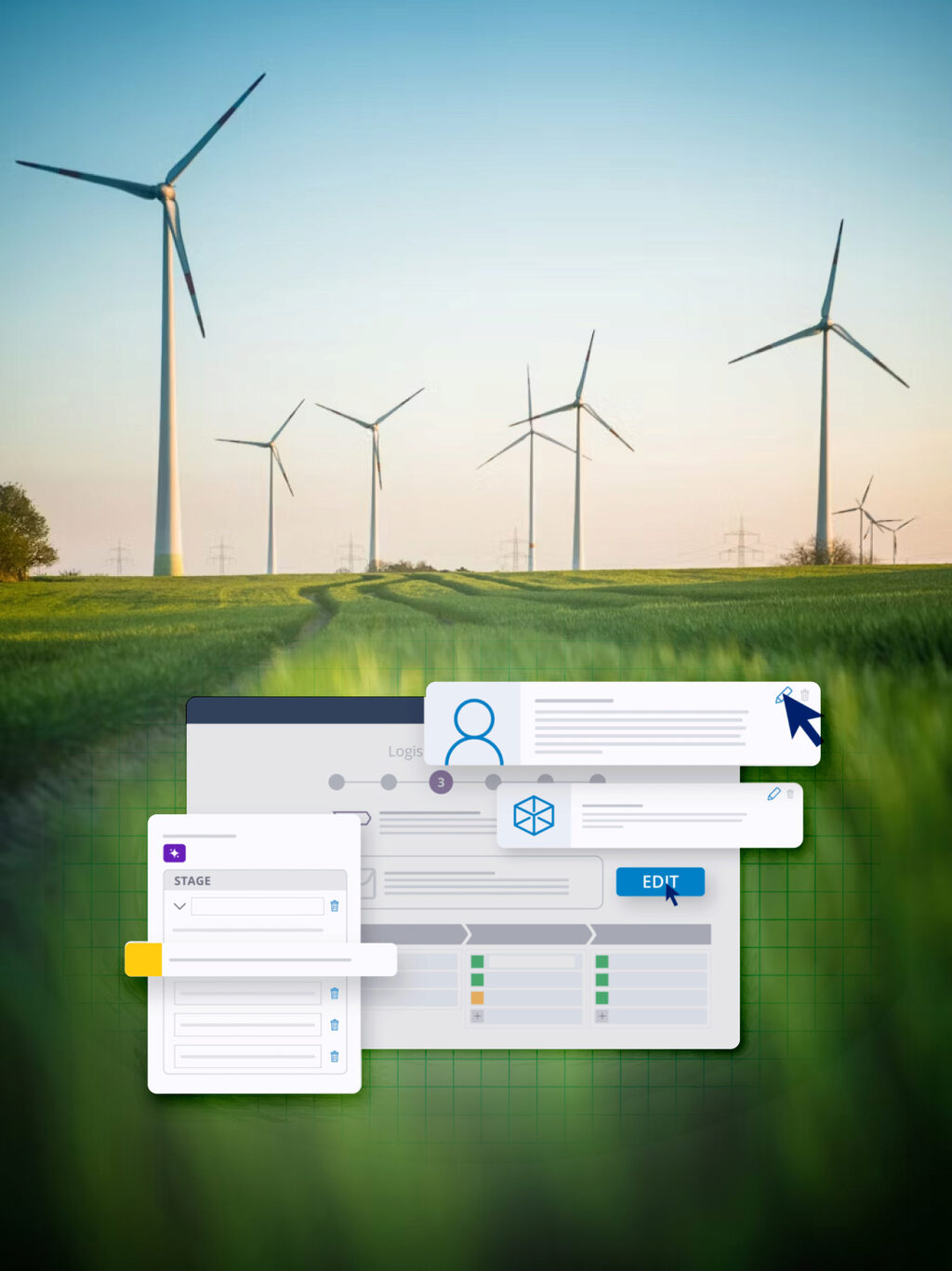 wind farm with energy case screens in foreground