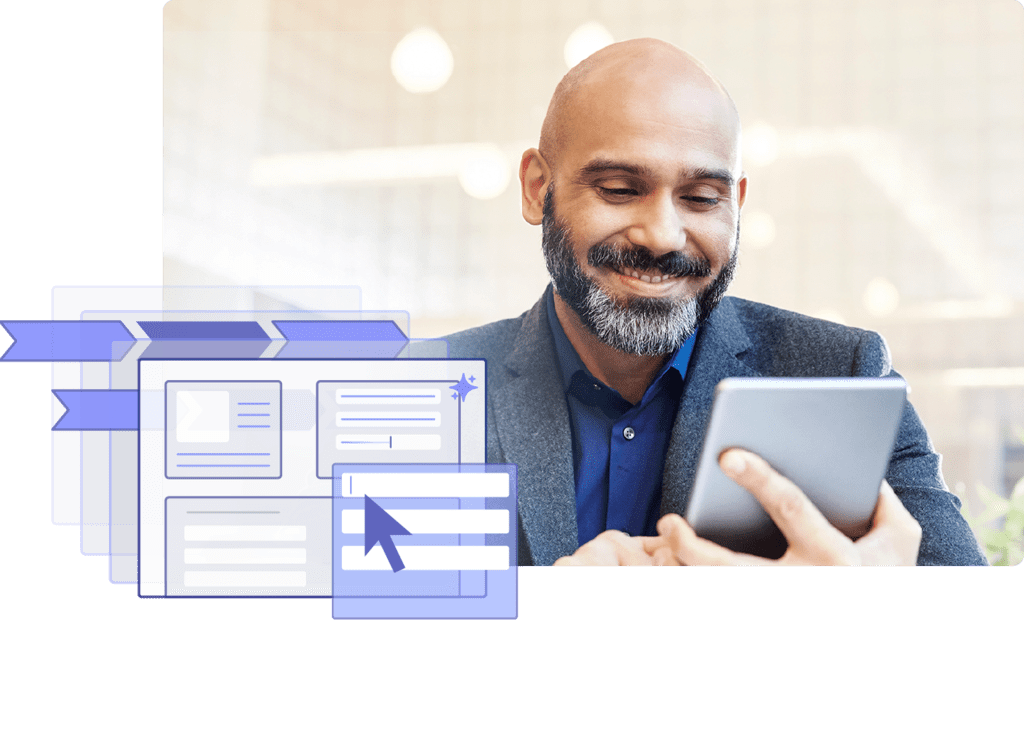 Stylized stock image of a man with a tablet