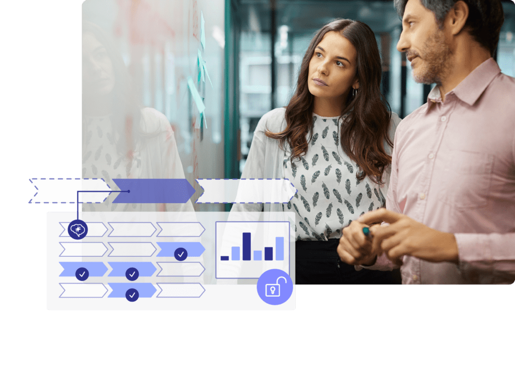 Stylized stock image of two coworkers looking at a whiteboard