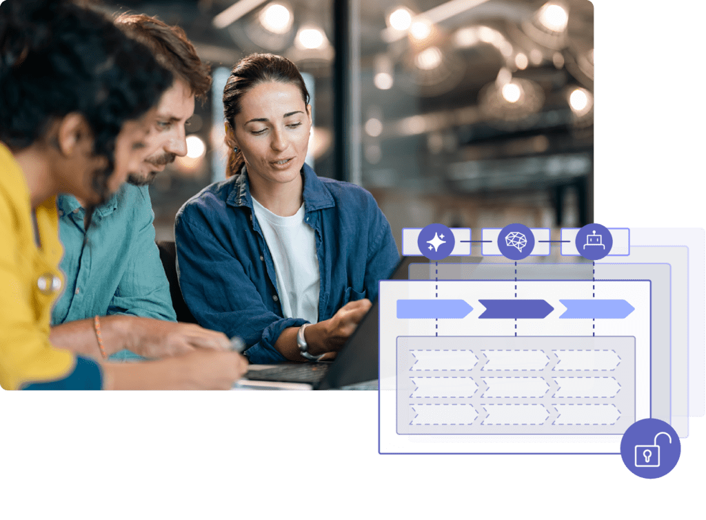 Stylized stock image of a group of coworkers working on a laptop