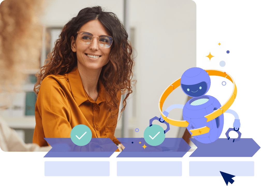 Stylized image showing a woman in a meeting with AI bot support