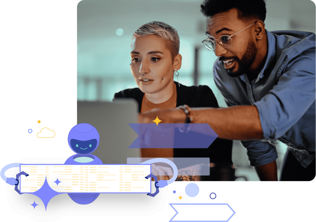 Stylized image showing two coworkers on a laptop with an AI buddy assisting them