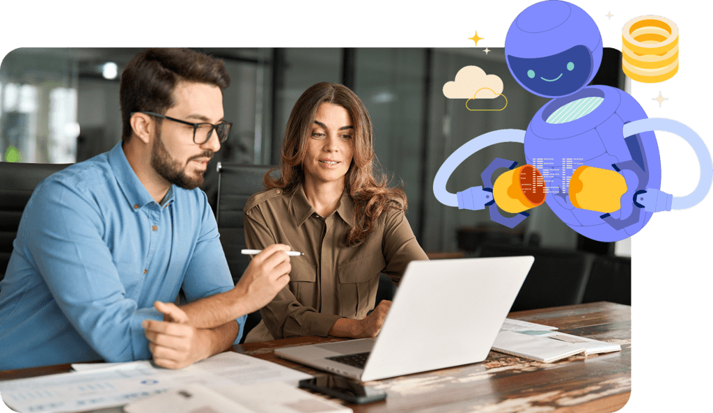 People looking at a computer with center-out graphic