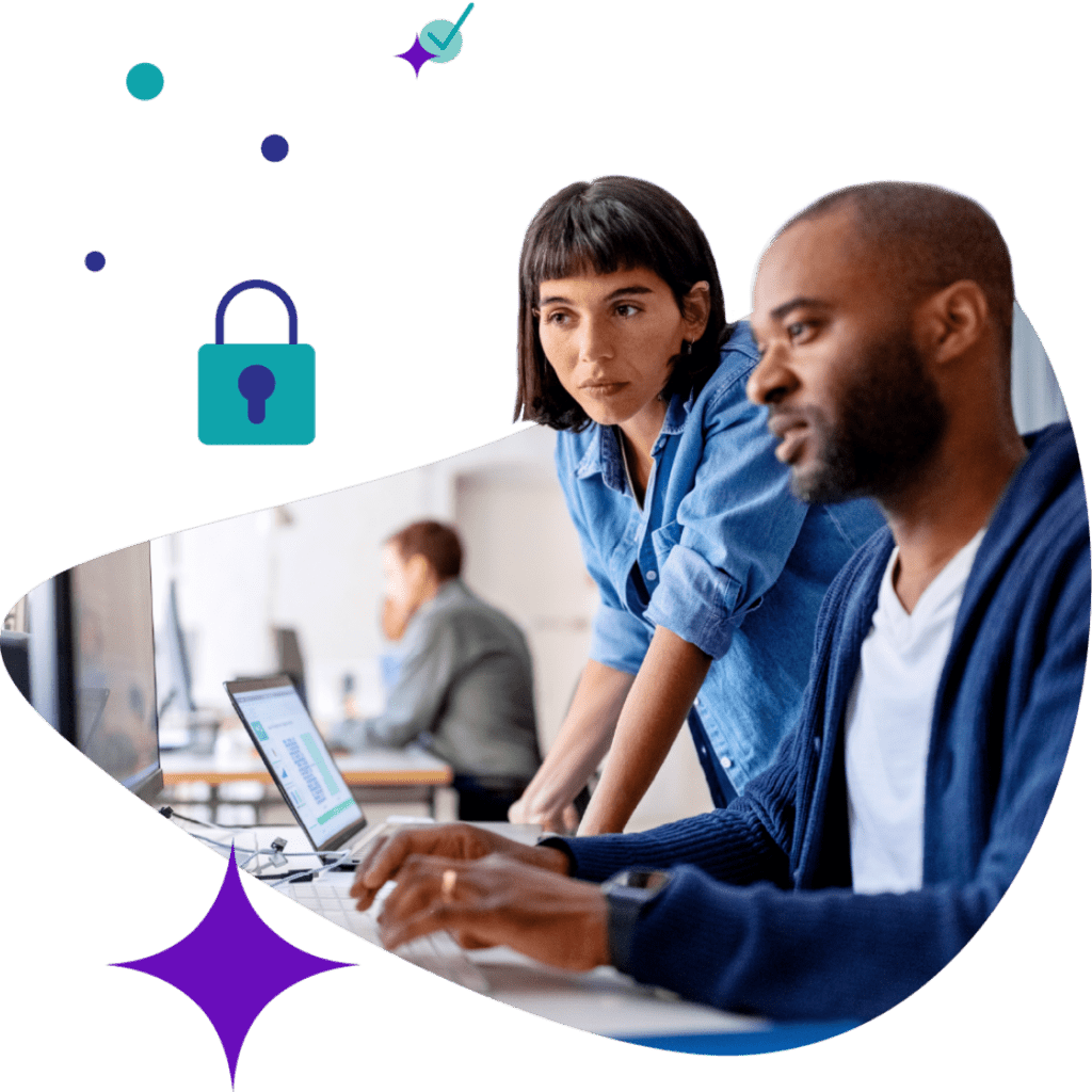 A man and a woman looking at a computer screen with a lock icon floating above