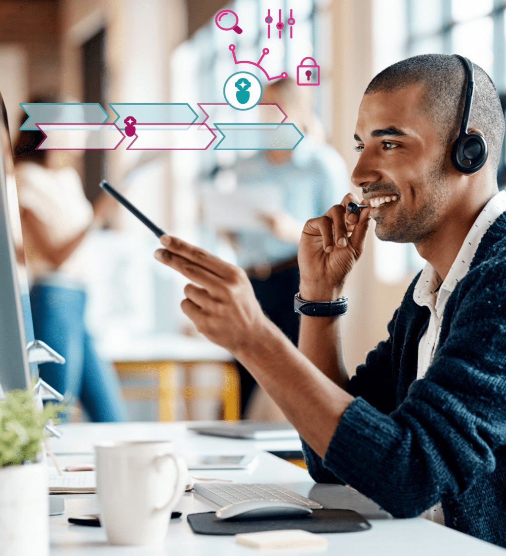 Stylized stock image of a sales agent working with AI assistance