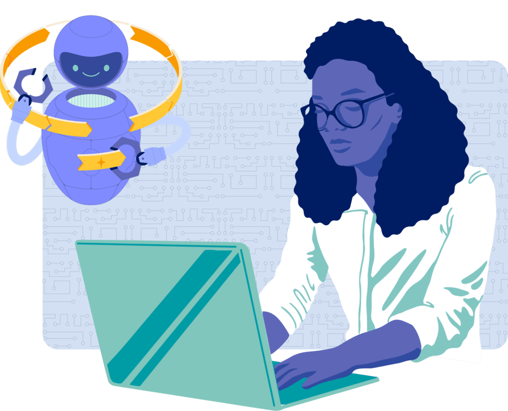 Graphic art depicting a seller working on a laptop with the aid of AI