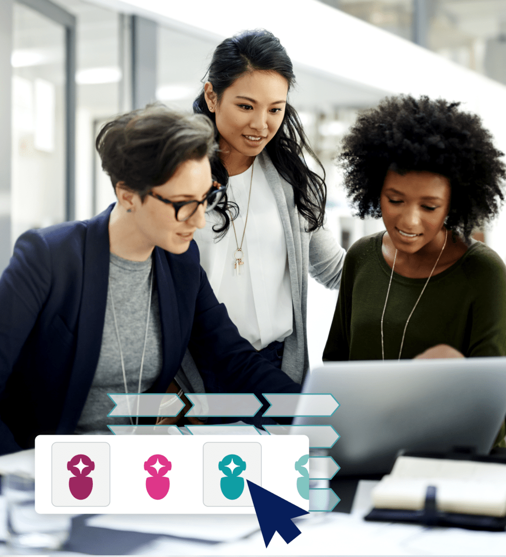 Stylized stock image of teammates working on a laptop with agentic AI