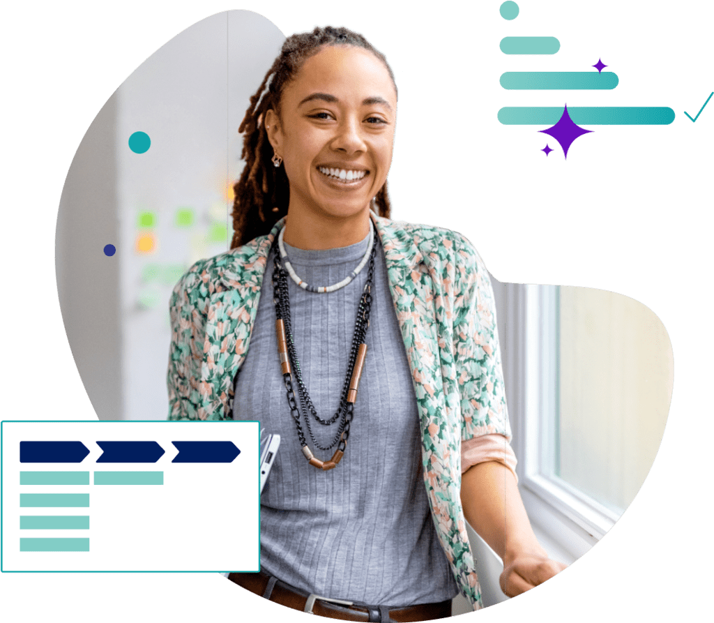 Stylized stock image of a woman surrounded by elements of AI