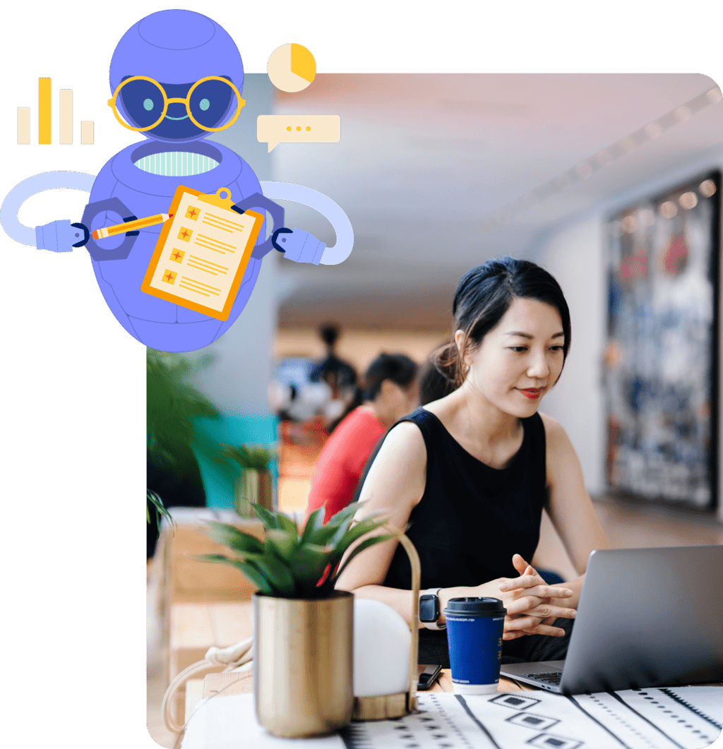 Photo of woman working on laptop with an illustration of a robot floating above