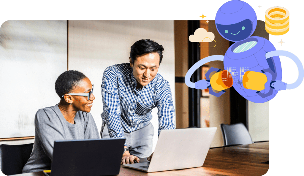 Photo of two people in office working with an illustration of a robot floating above