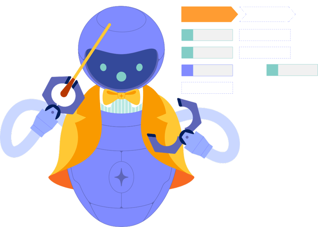 Graphic art depicting an AI bot conducting a process orchestra