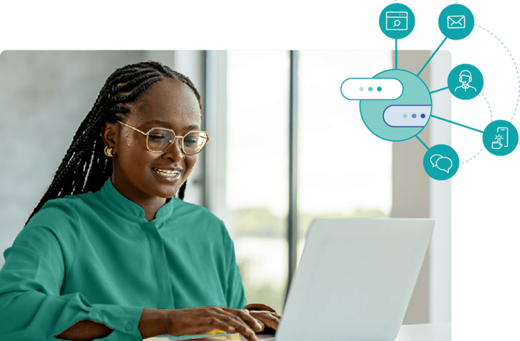 Stylized stock image of a service agent repsonding to a customer over various channels