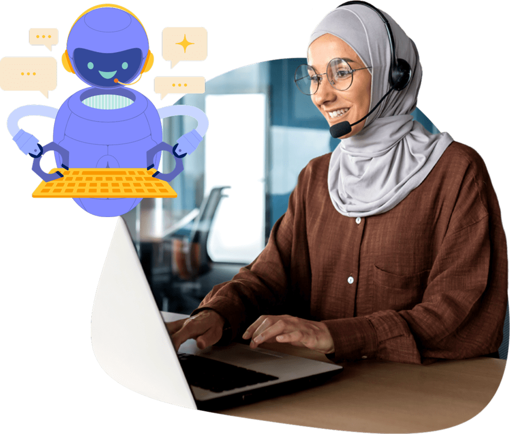 Stylized stock image of a service agent on a call being supported by AI