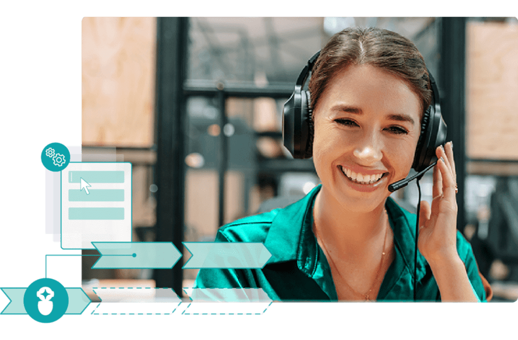 Stylized stock image of a service agent responding to a call with AI-delivered prompts