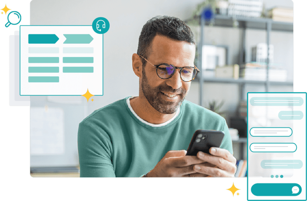 Stylized image of a customer on his phone going through an automated self-service flow