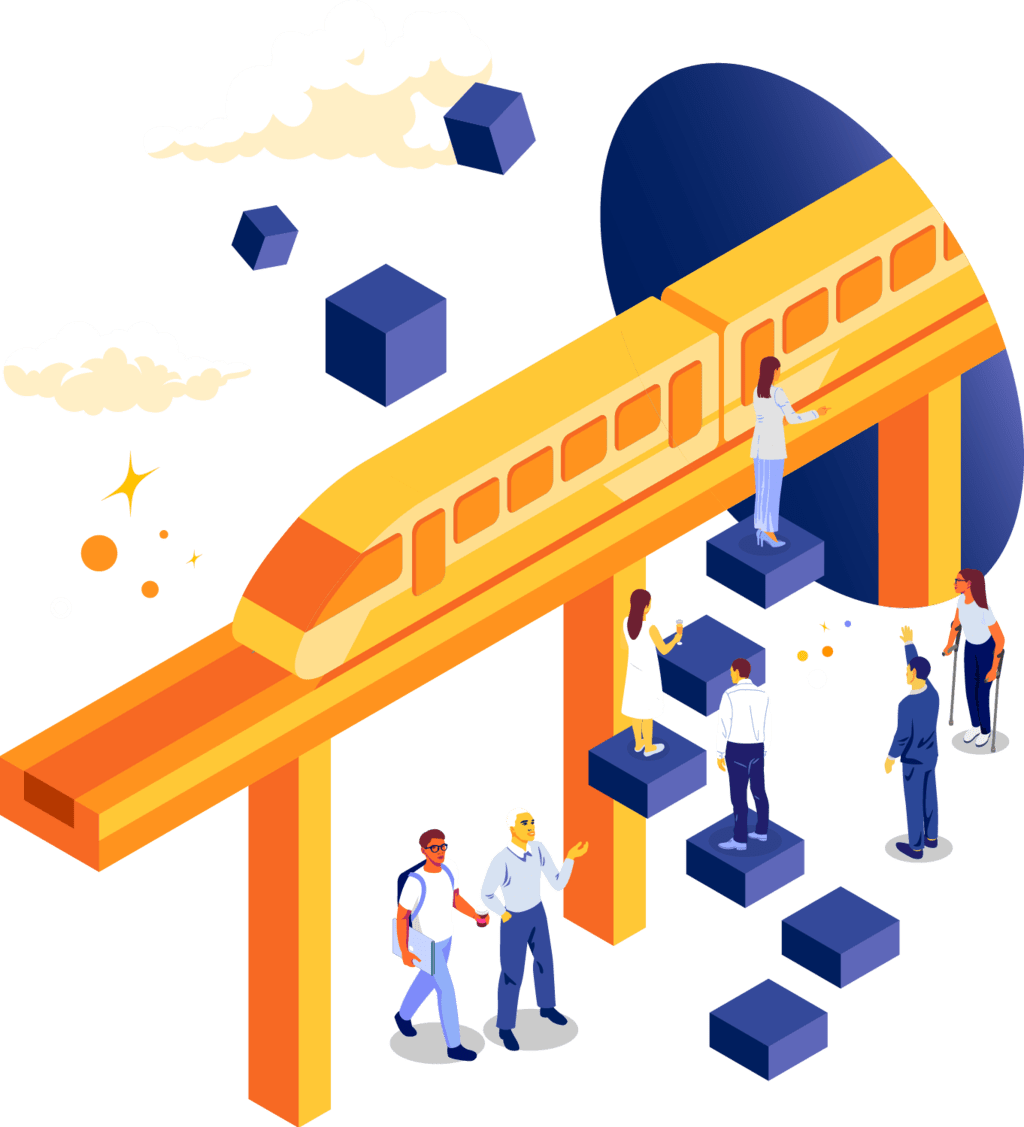 Stylized illustration of a monorail with people lining up to board