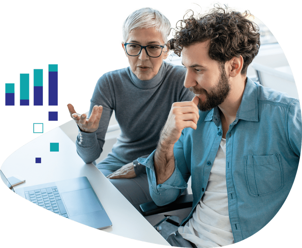 Stylized stock image of coworkers at a desk in discussion