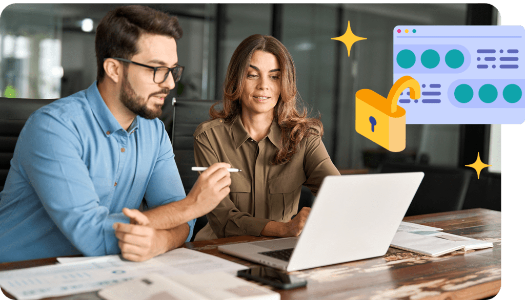 Stylized stock image of two coworkers working together on a laptop