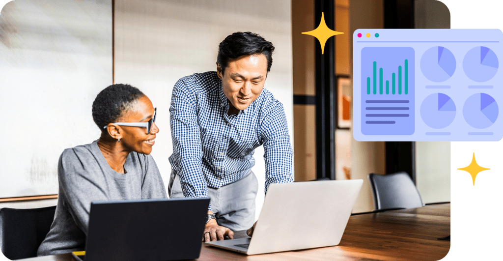 Stylized stock image of two coworkers working together