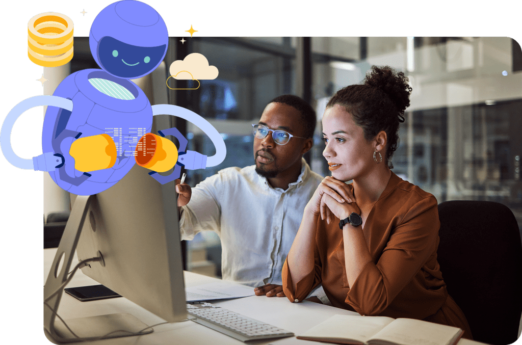 Stylized stock image of two coworkers looking at a computer together