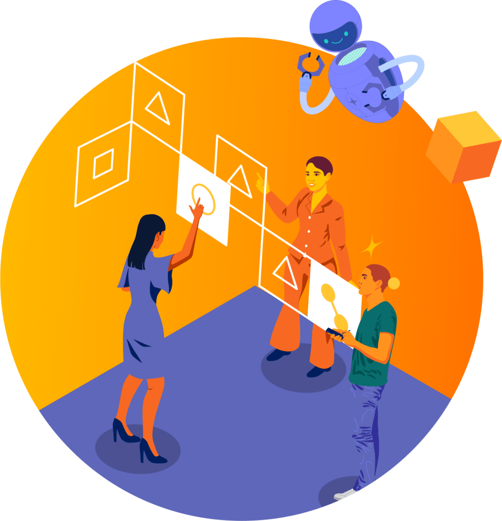 Illustration of three people tapping floating screens in front of them. A robot floats on top of the image.