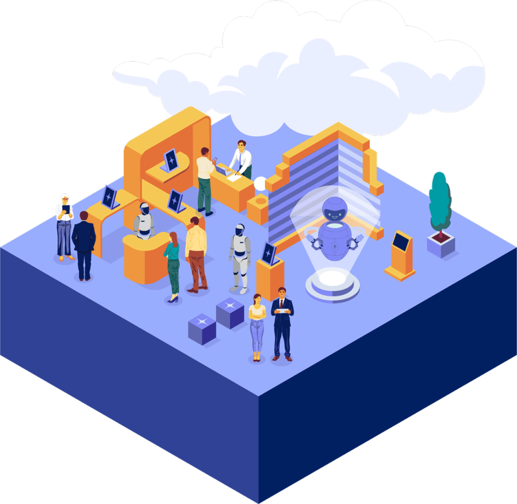 Illustration of people standing on a platform with a robot and cloud floating above