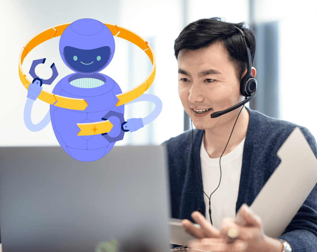 Stylized stock image of a customer service rep with AI assistance