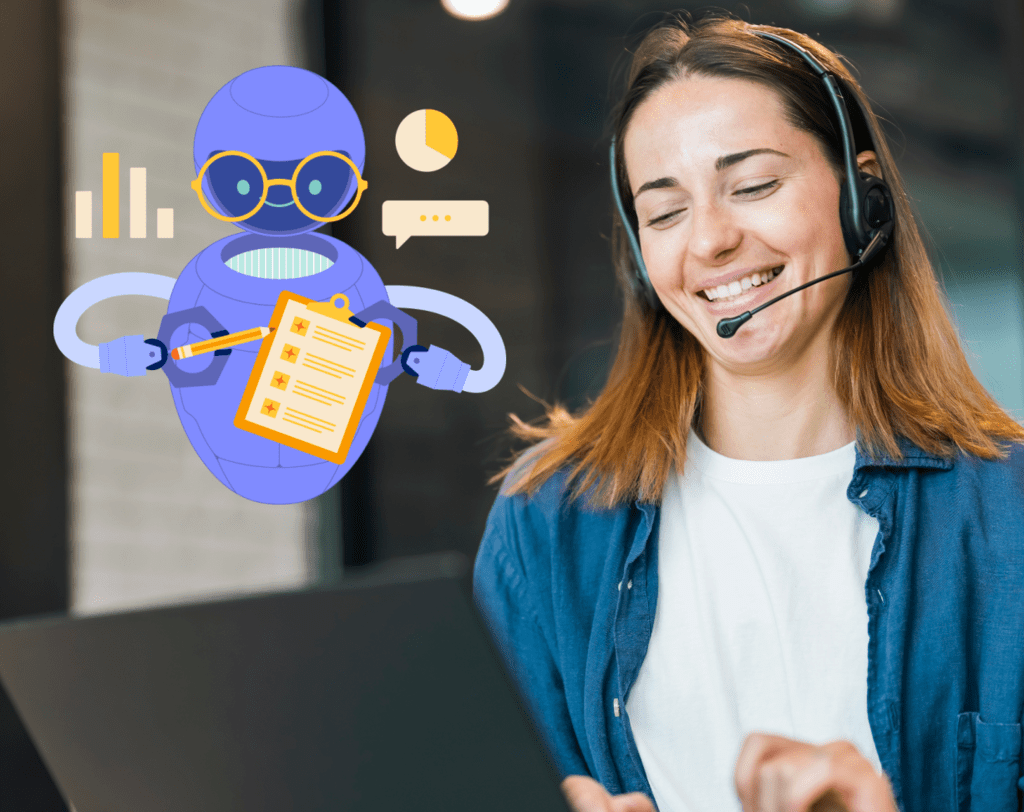 Stylized stock image showing a customer service rep with AI assistance