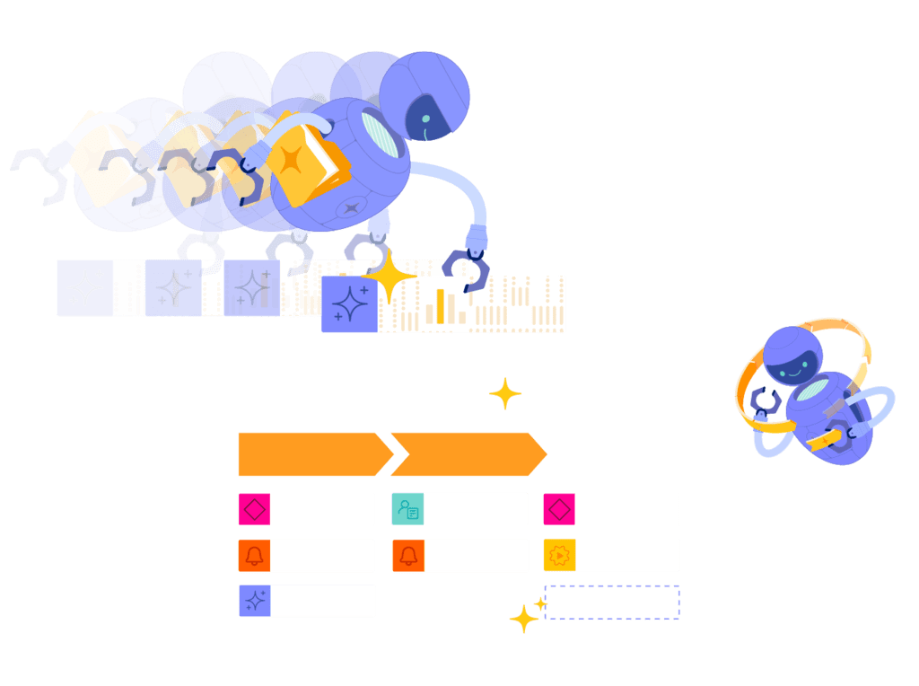 Graphic art depicting AI bots putting together a Blueprint
