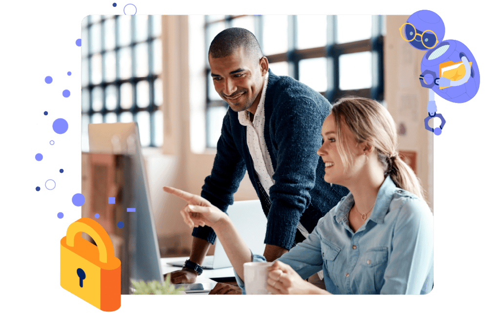 Stylized stock image showing two co-workers at a desk looking at a computer screen