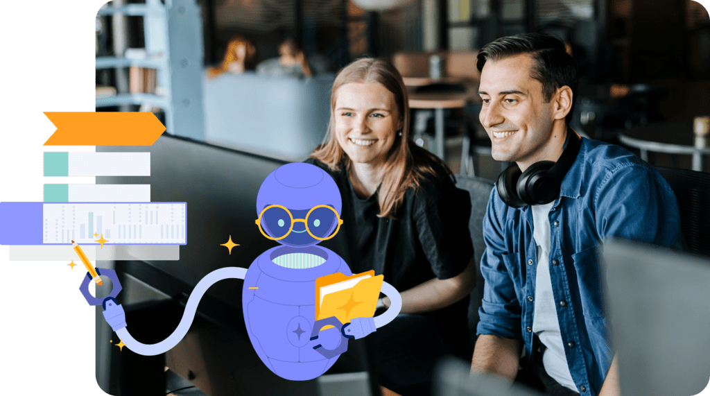 Photo of man and woman smiling while looking at a computer screen with an illustration of a robot floating above