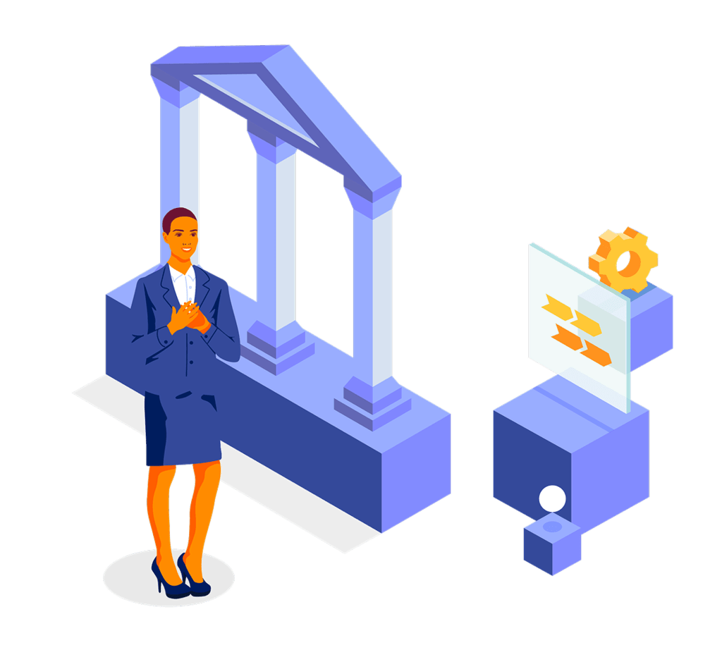 Illustration of woman standing by government building