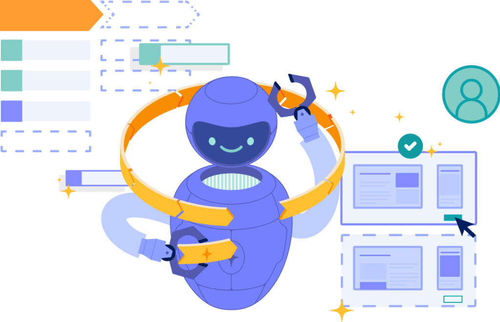 Illustration of robot in front of floating screens