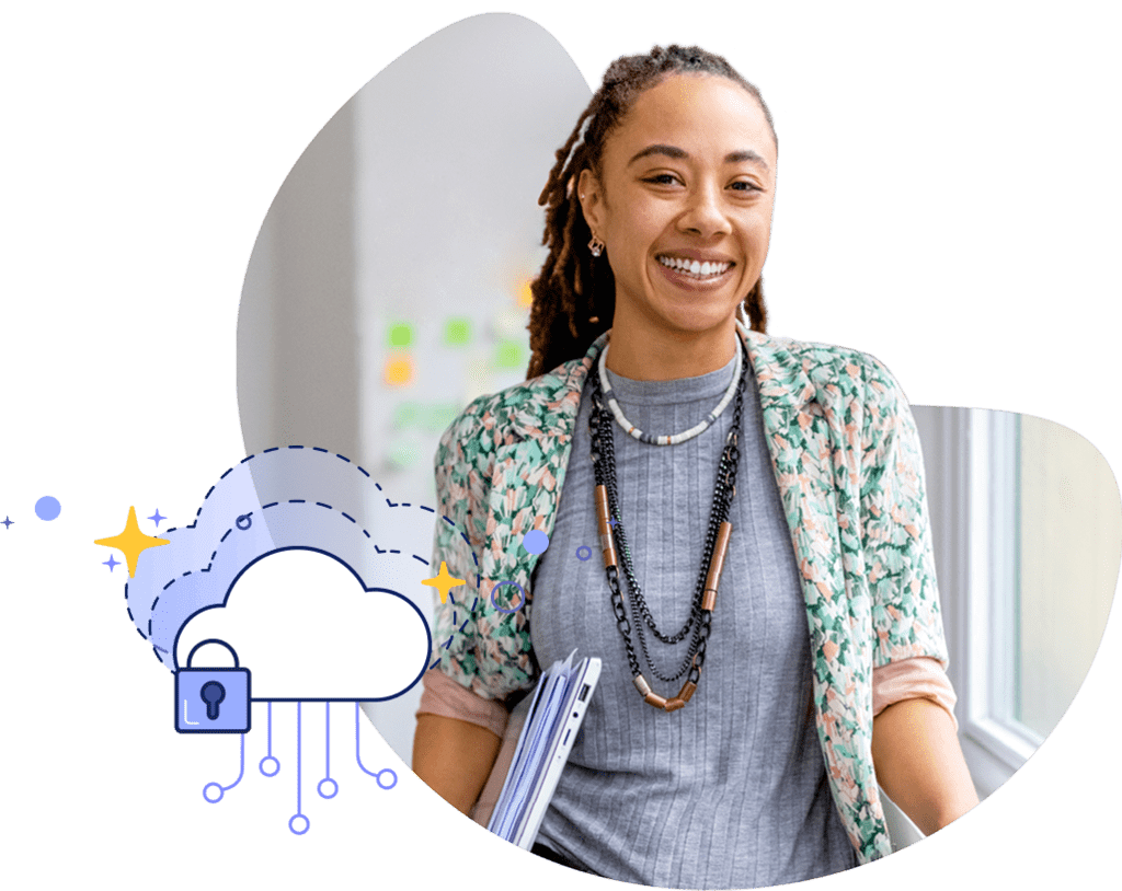 Stylized photo of woman smiling with illustration of cloud and padlock floating above