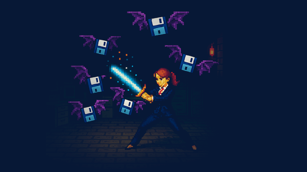 Graphic 8-bit art of an office worker holding a sword fighting off floppy disks with bat wings