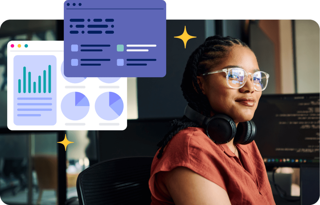 Stylized stock image of a woman with headphones with charts and data overlayed on top