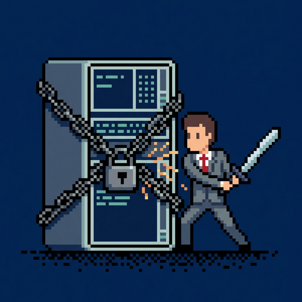Pixel sprite image of a businessman holding a sword to a locked mainframe