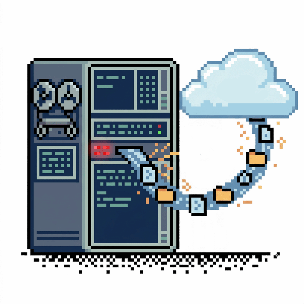 Pixel sprite image of mainframe uploading files to a cloud