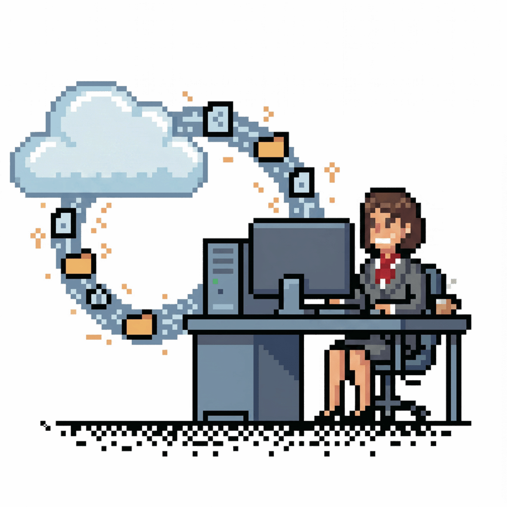 Pixel sprite image of files being uploaded to and downloaded from a cloud by a business woman