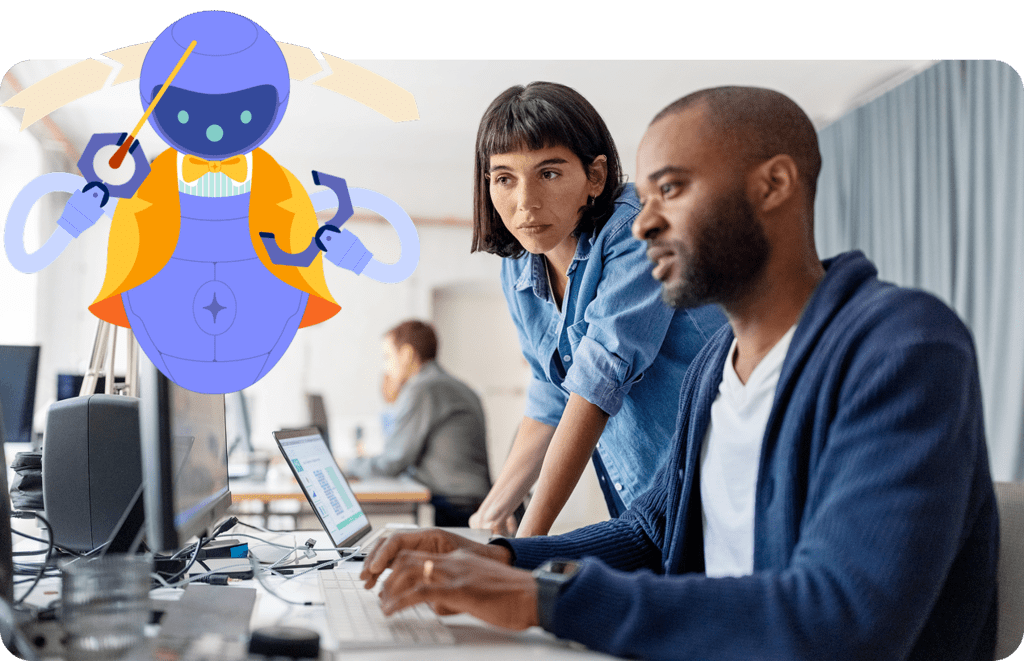 Stylized stock image of two coworkers at a desk together