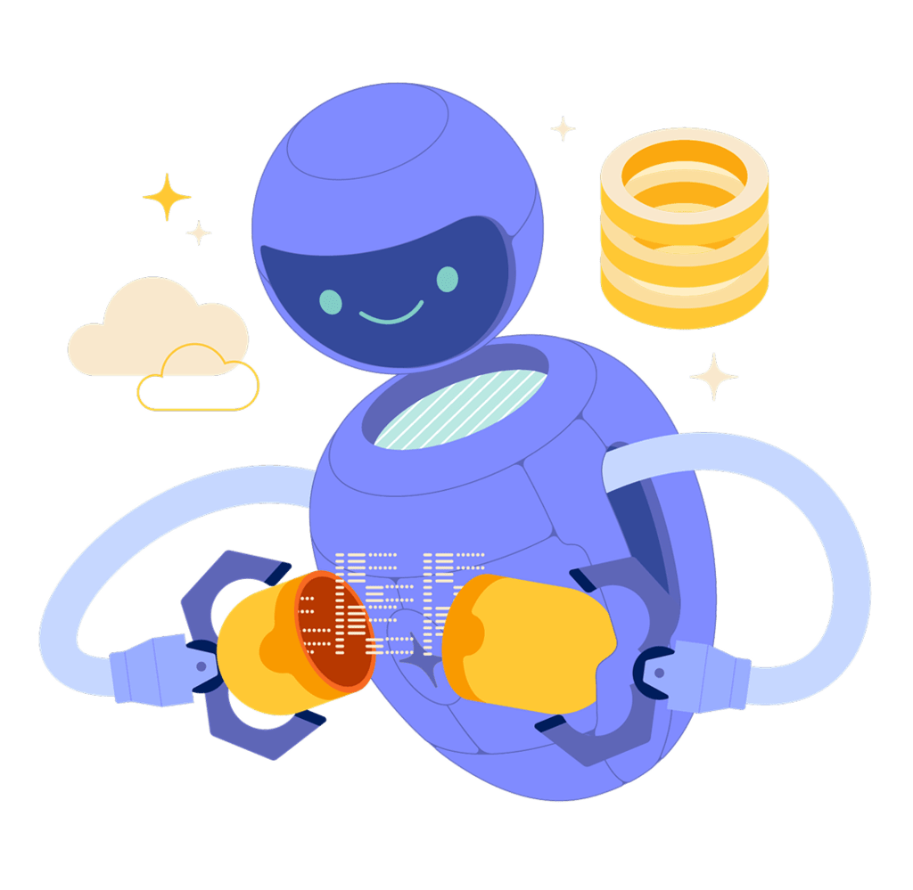 Graphic art of an AI bot building an app