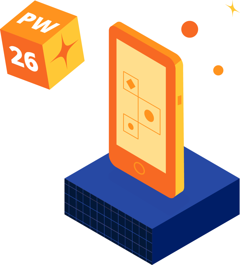 Illustration of orange cellphone on top of a navy stand with floating PegaWorld 2026 logo to the left
