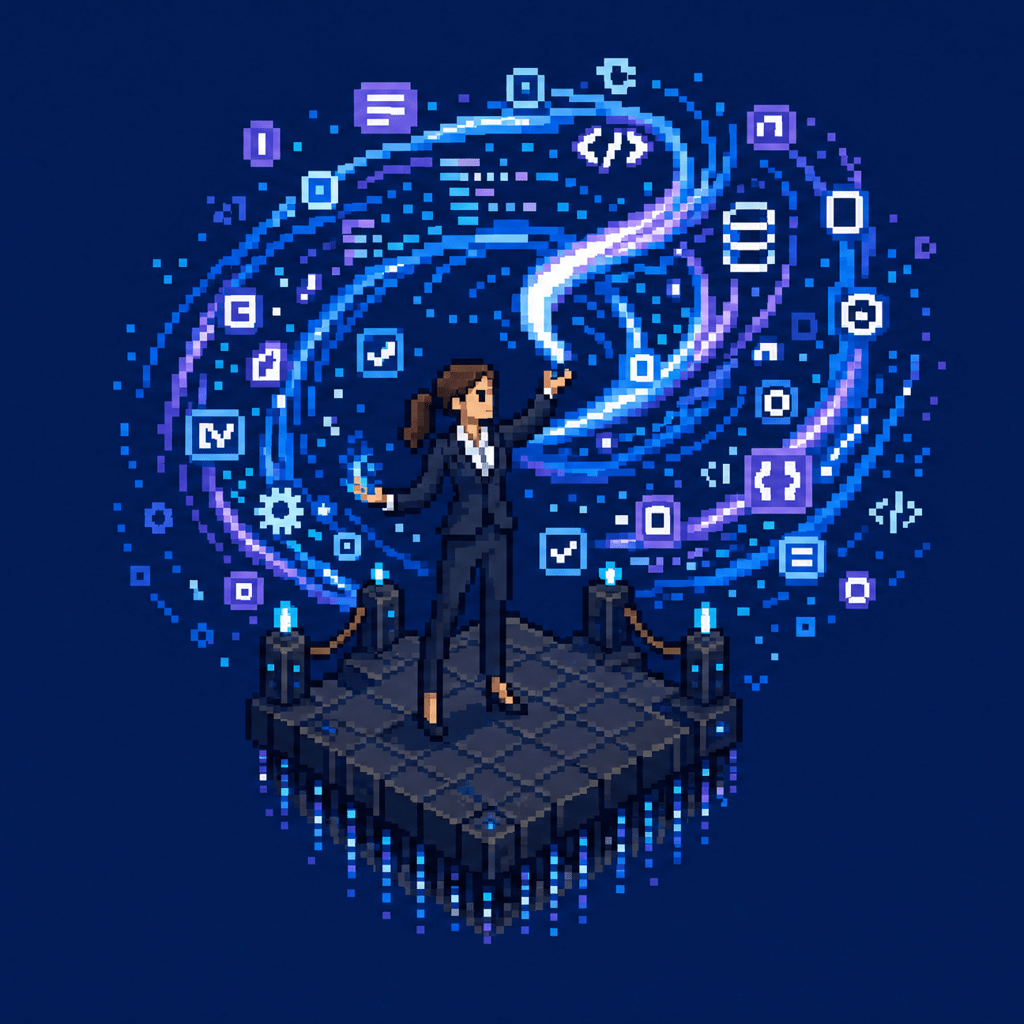 Pixel art of woman in business suit cashing magic that looks like technological symbols