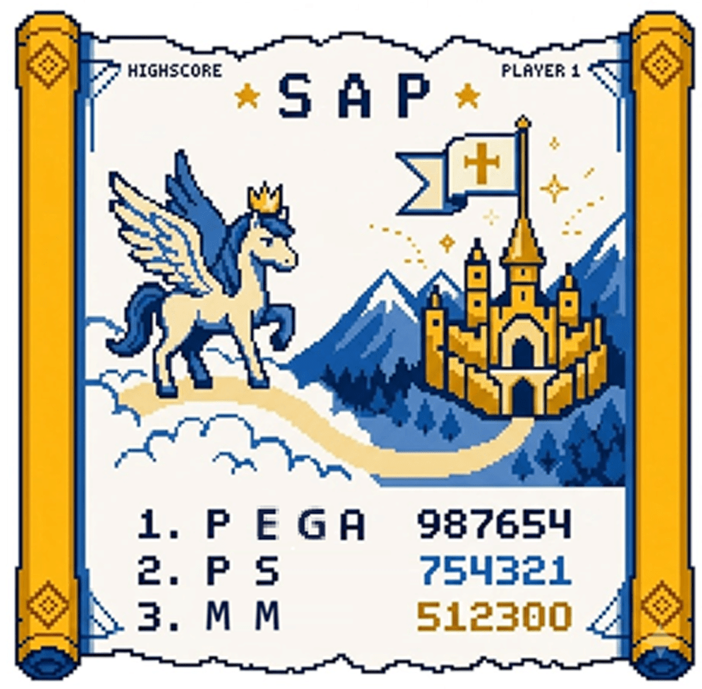Pixel sprite image of a map unfurling with a pegasus and castle on it. Pega is listed with a high score.