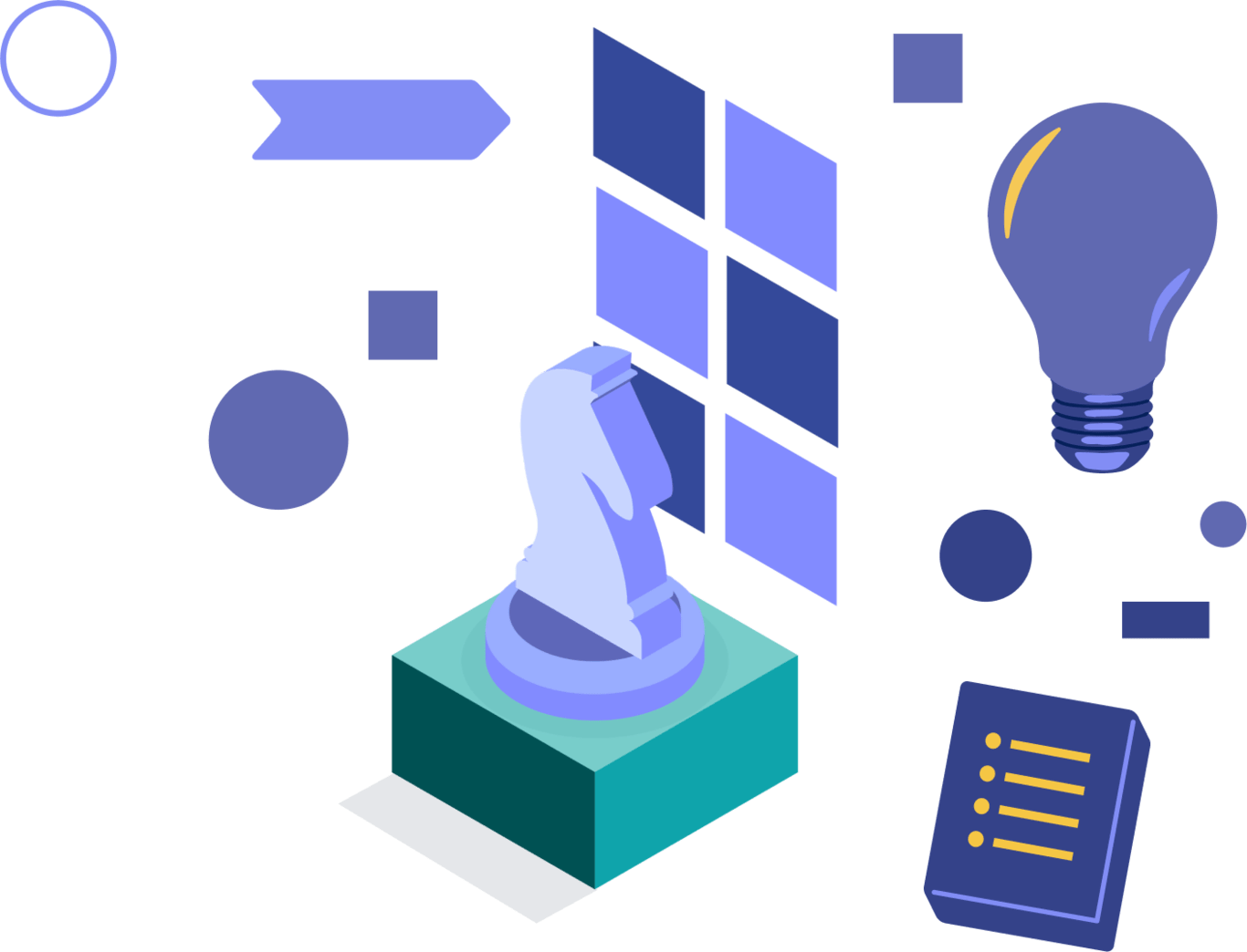 Illustration of chess knight on top of a teal box, surrounded by illustrations of a lightbulb and bulleted list