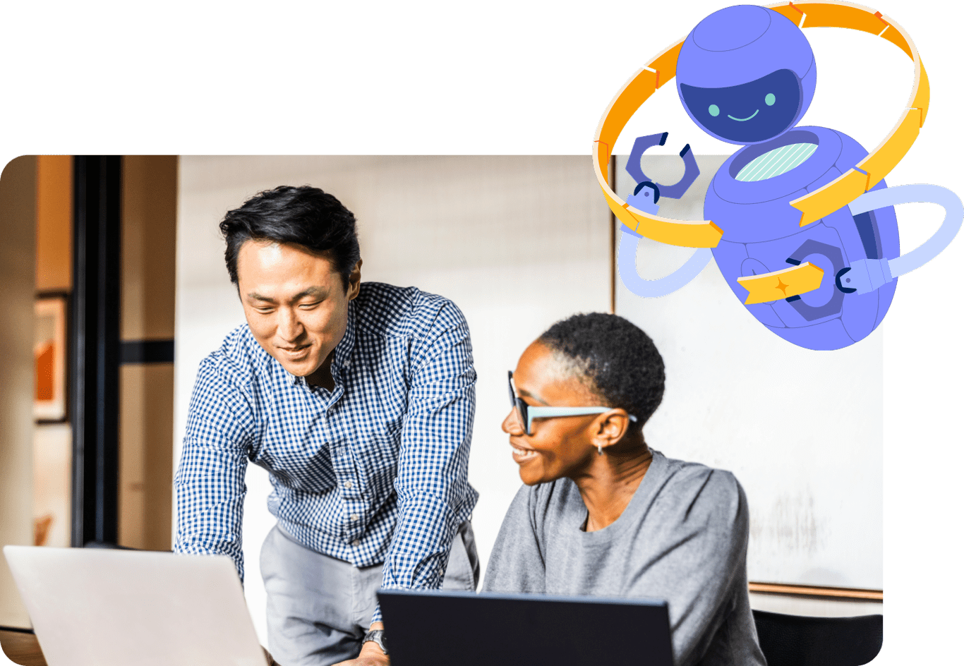 Stylized stock image of coworkers looking at their laptops with AI assistance